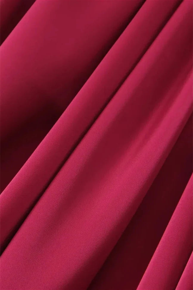 Strapless Burgundy Pleated A-line Midi Dress