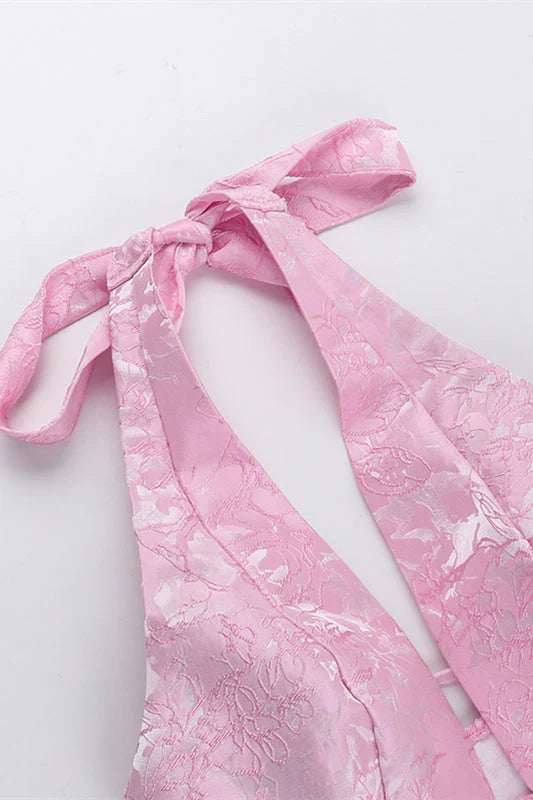 Halter Pink Plunge Short A-line Bow Dress