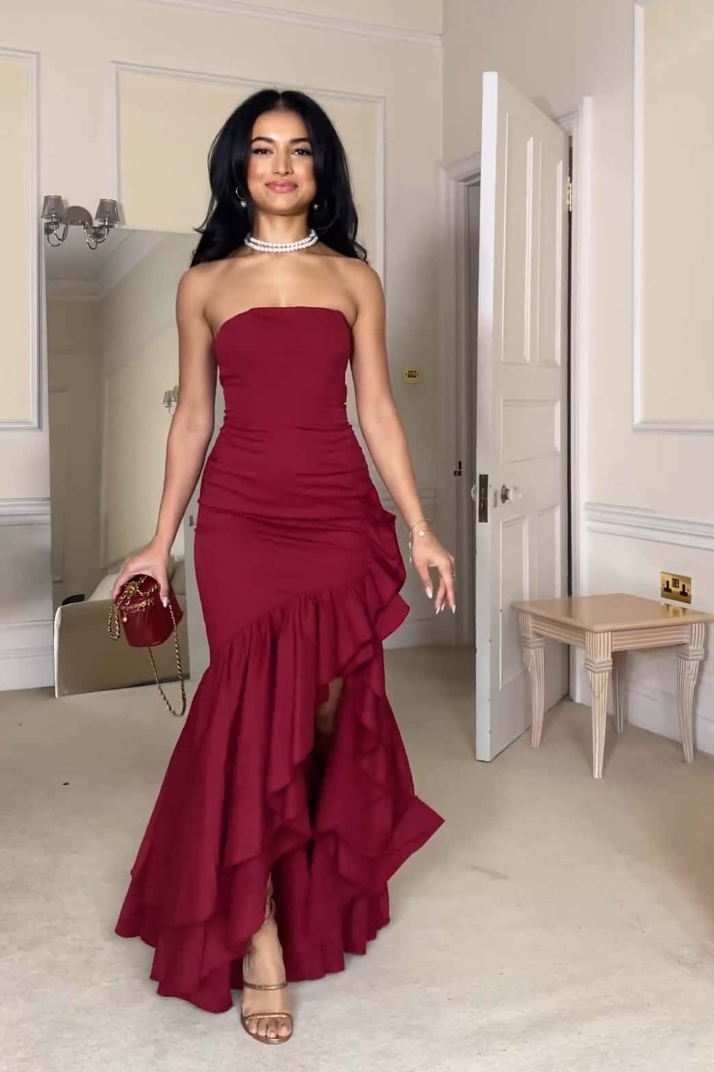 Strapless Navy Blue Mermaid Ruffle Long Dress