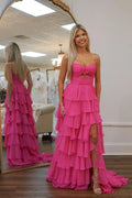 Strapless Hot Pink Rosette Tiered Long Dress