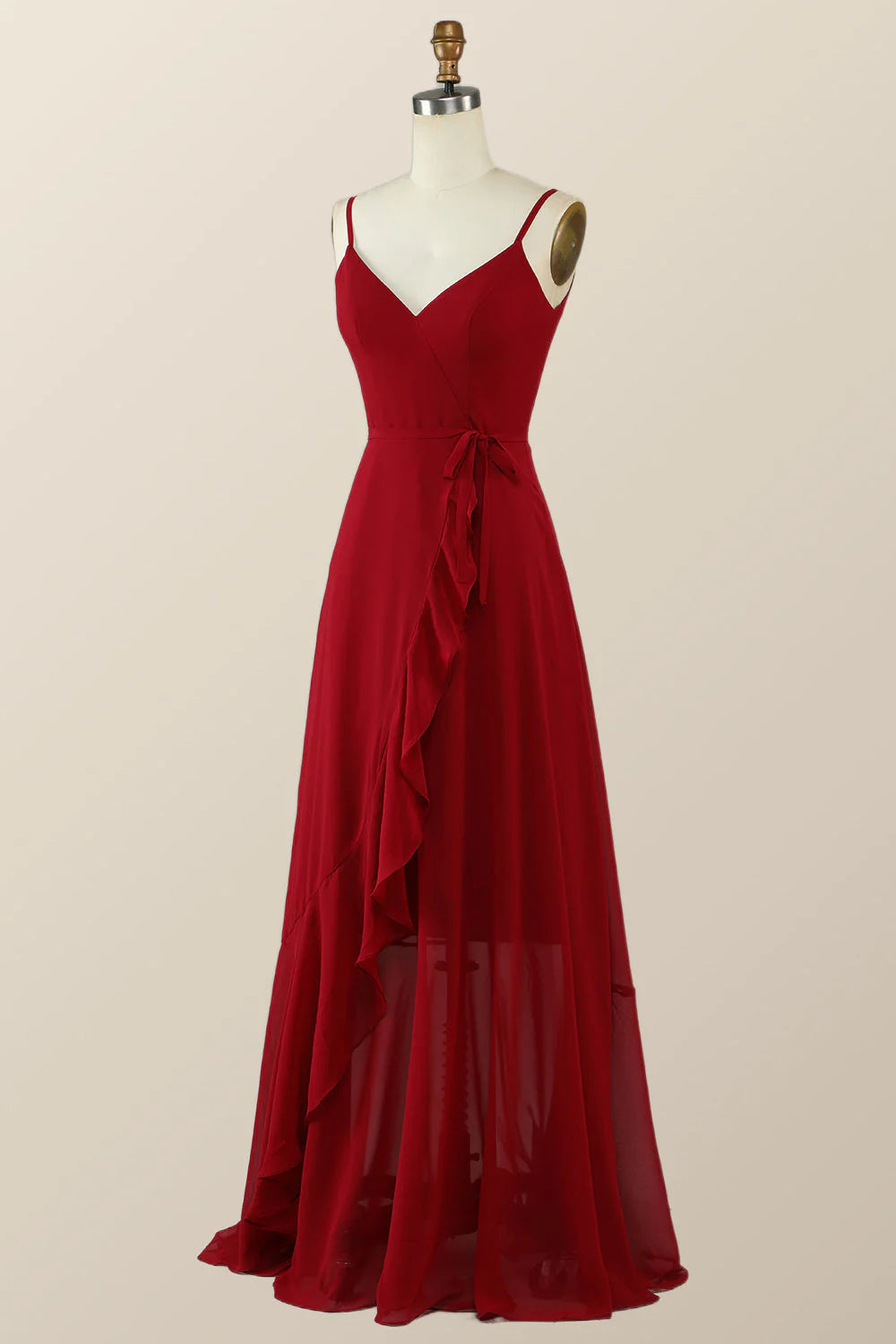 Wine Red Chiffon Wrap Ruffle Long Bridesmaid Dress