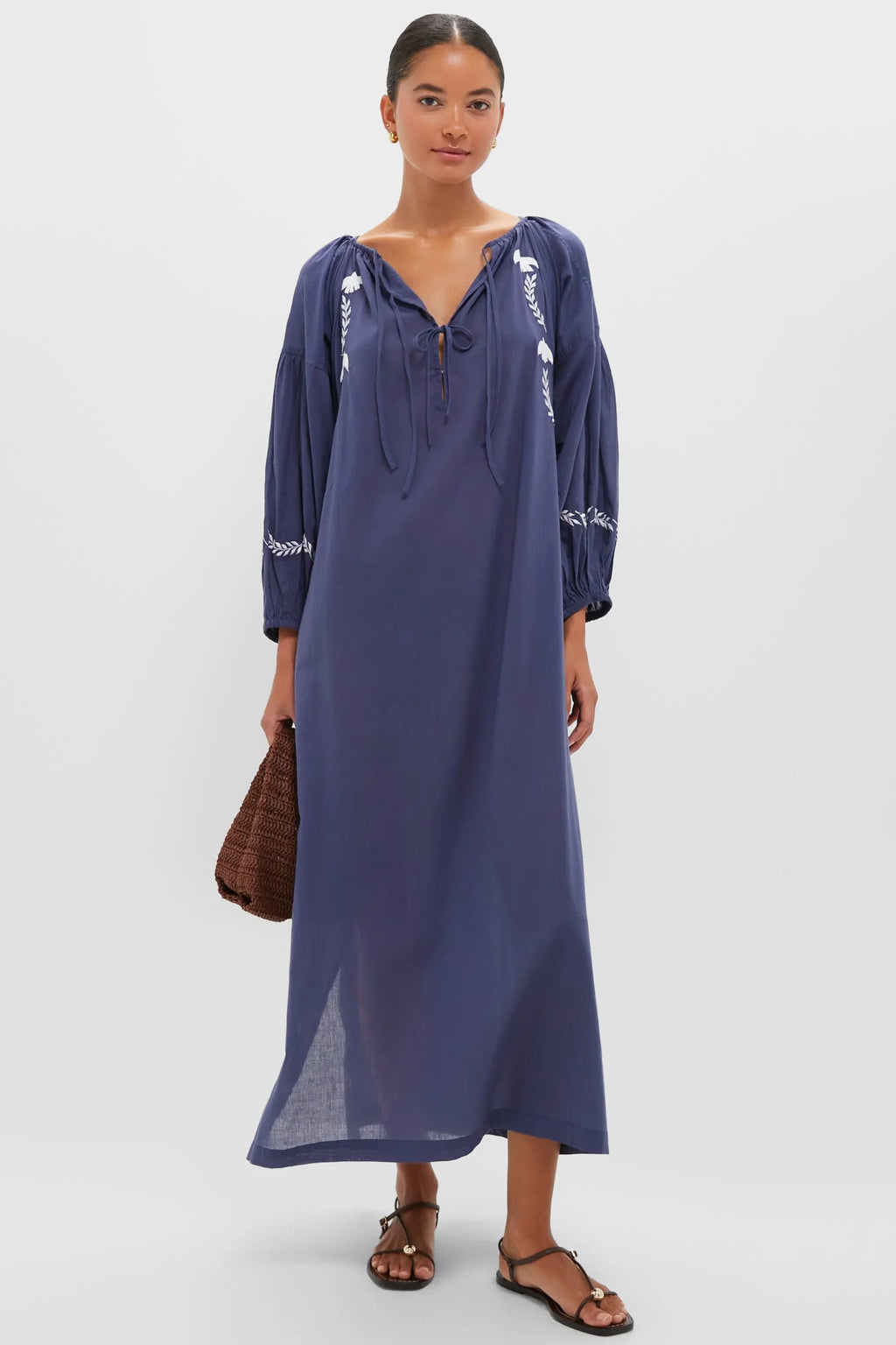 White Dove Embroidery Blue Indigo Organic Folk Maxi Dress