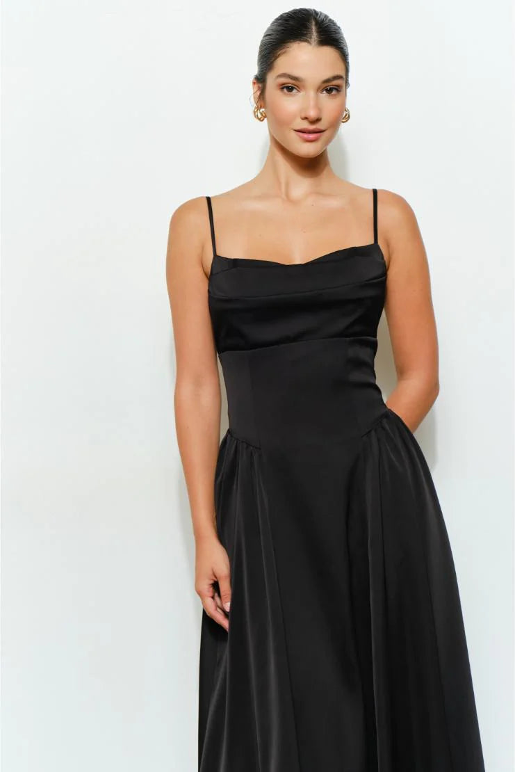 Jessie Satin A-Line Midi Dress - Black