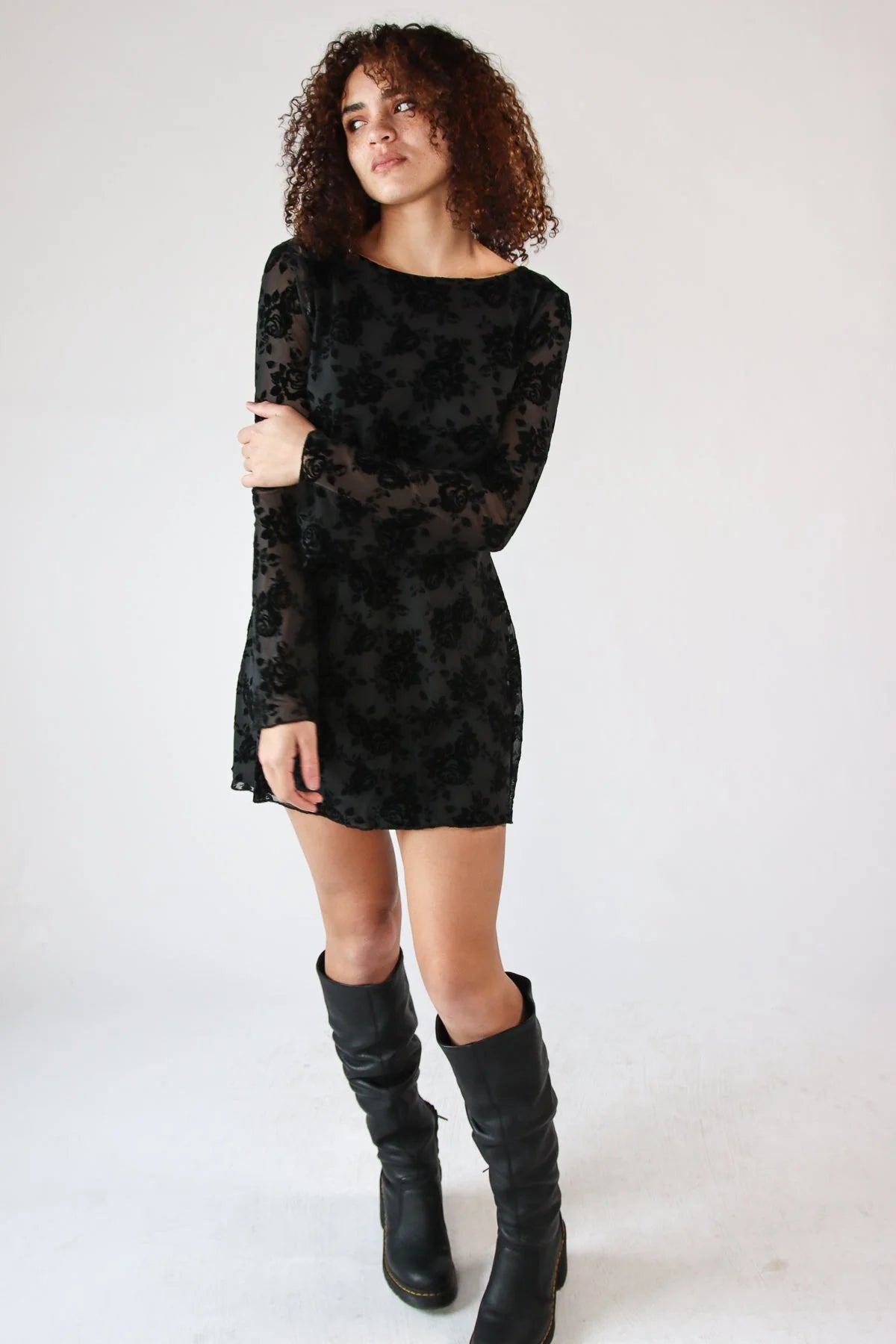 Floral Flocked Mesh Long Sleeve Mini Dress