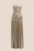 Strapless Champagne Pleated Fitted Long Prom Dress