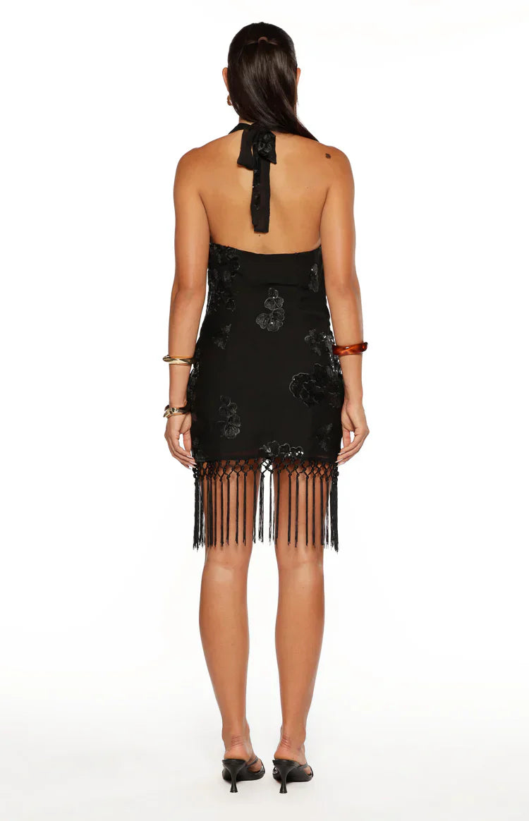 Rhani Black Sequin Tassel Cowl Mini Dress
