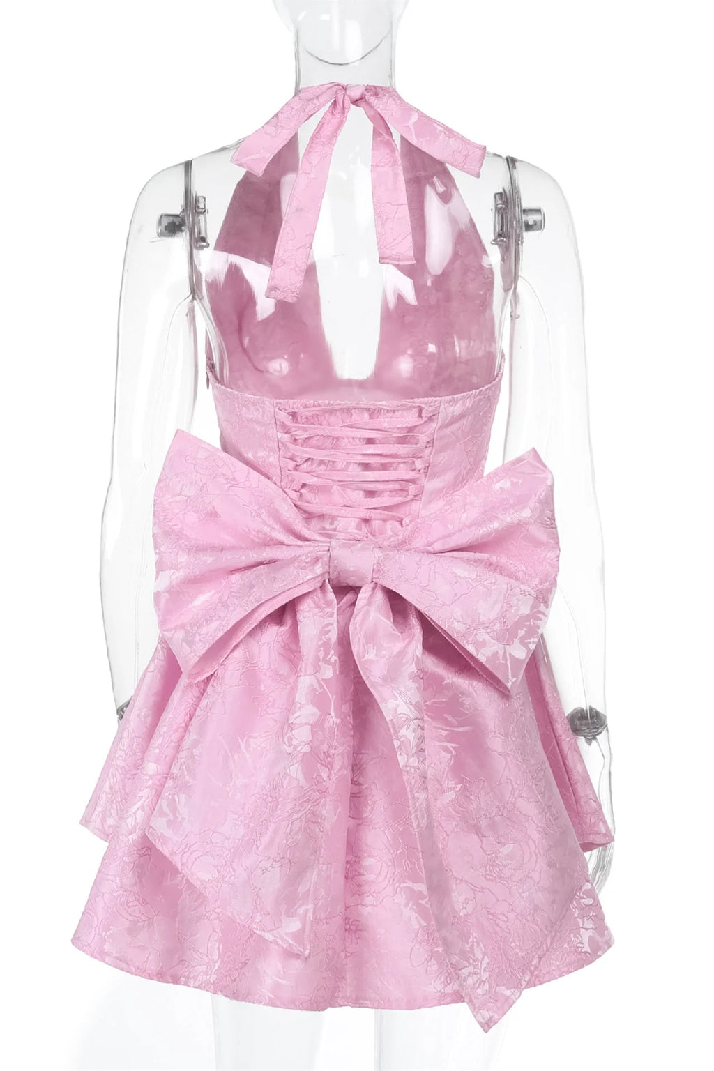 Halter Pink Plunge Short A-line Bow Dress