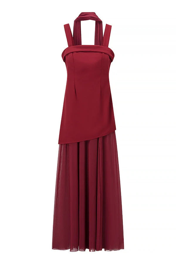 Yellow Straps A-line Maxi Dress with Scarf