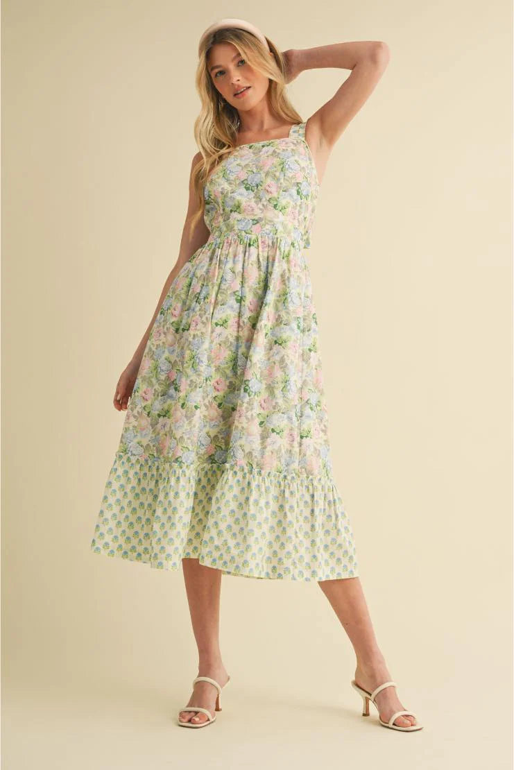 Emma Mae Mixed Floral Prints Back Bow Midi Dress