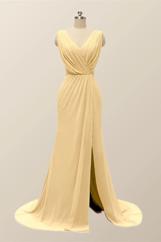 V Neck Blue Pleated Chiffon Long Bridesmaid Dress