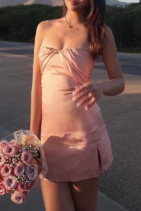 Strapless Ruched Green Split Mini Dress