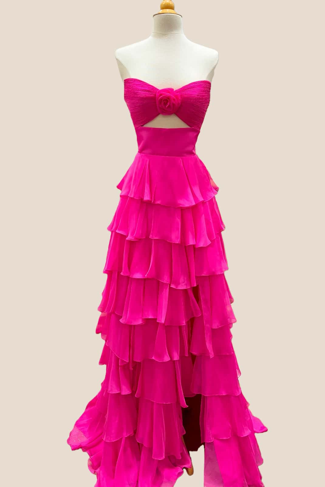 Strapless Light Pink Rosette Tiered Long Dress
