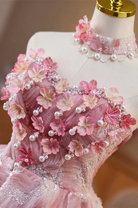 Strapless Pink 3D Floral Short Dress