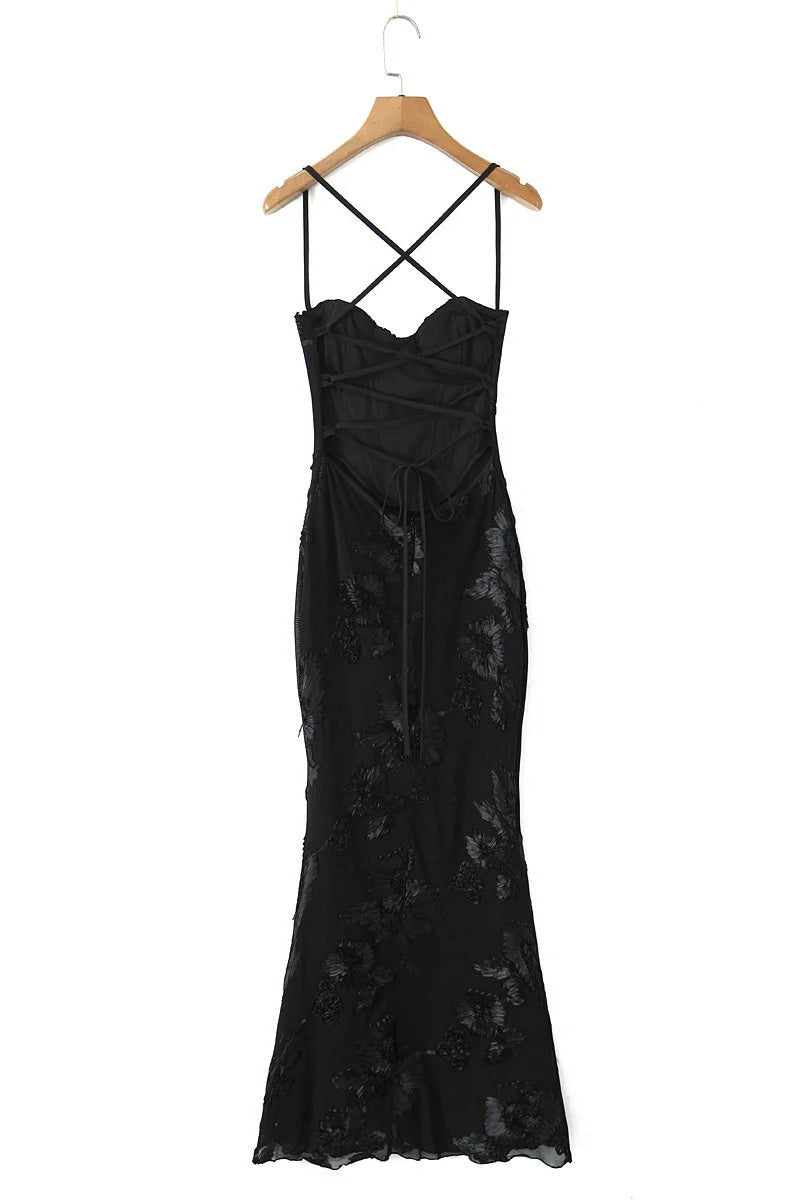 Yellow Embroidered Fitted Straps Dress