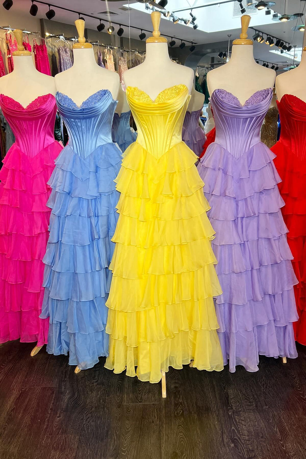 Strapless Orange Tiered Chiffon Long Dress with Slit