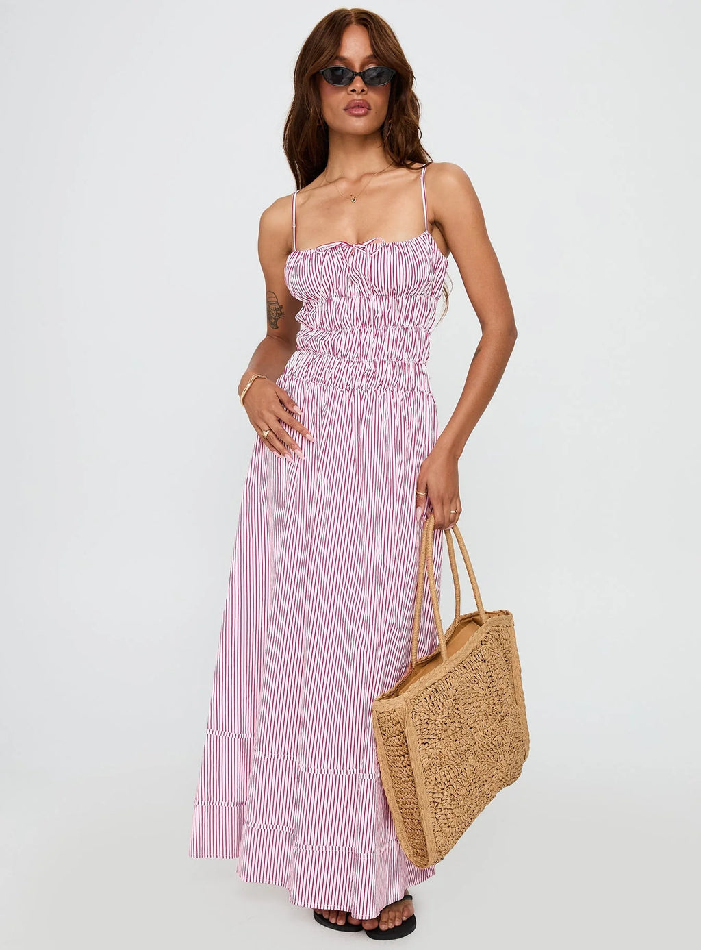 Loralei Shirred Maxi Dress Red Stripe