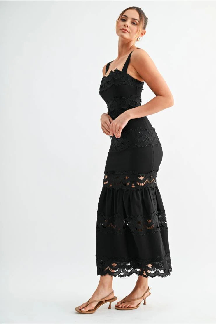 Raven Lace Tiered Midi Dress - Black