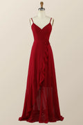 Wine Red Chiffon Wrap Ruffle Long Bridesmaid Dress