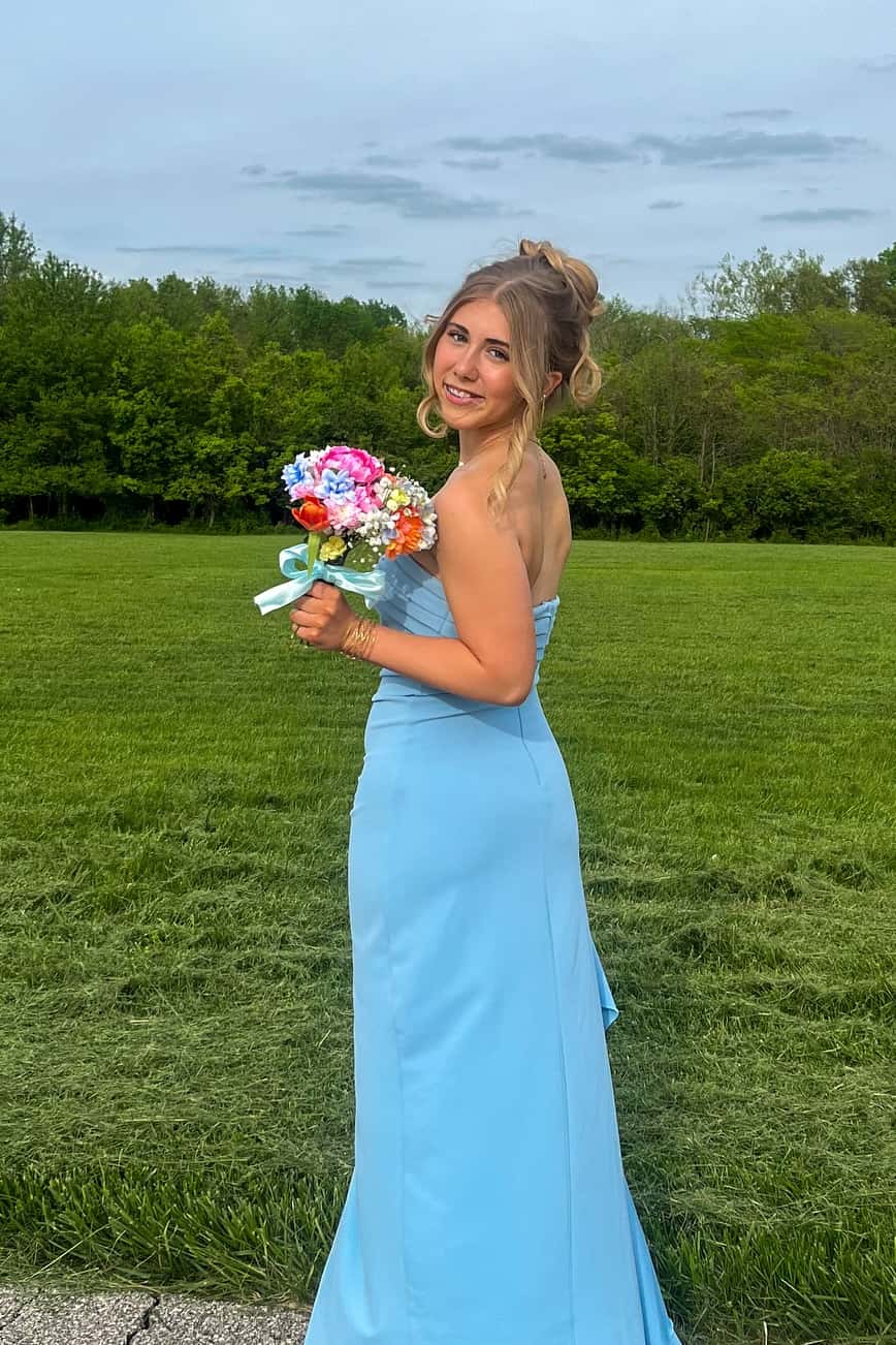Strapless Navy Blue Pleated Long Dress with Slit