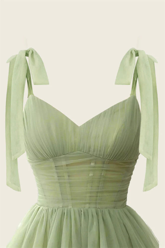 V-neck Sage Green Pleated A-line Short Dress
