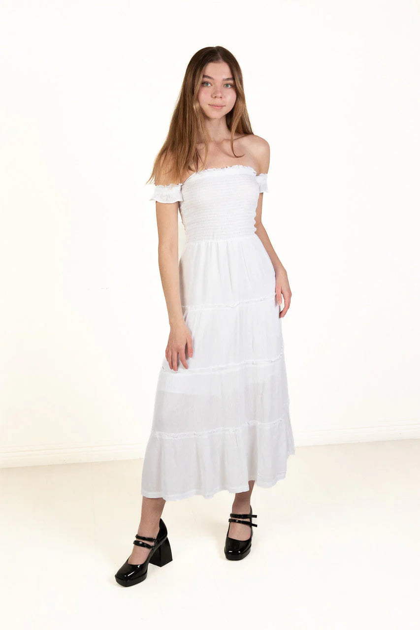 White Over The Shoulder Tiered Maxi Dress