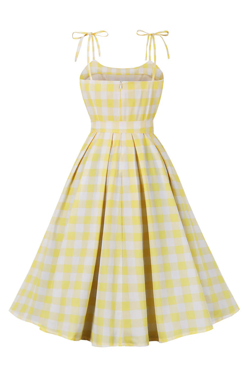 Yellow Plaid Swing Dress with Sash