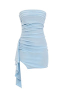Light Blue Ruched Tight Mini Dress with Train