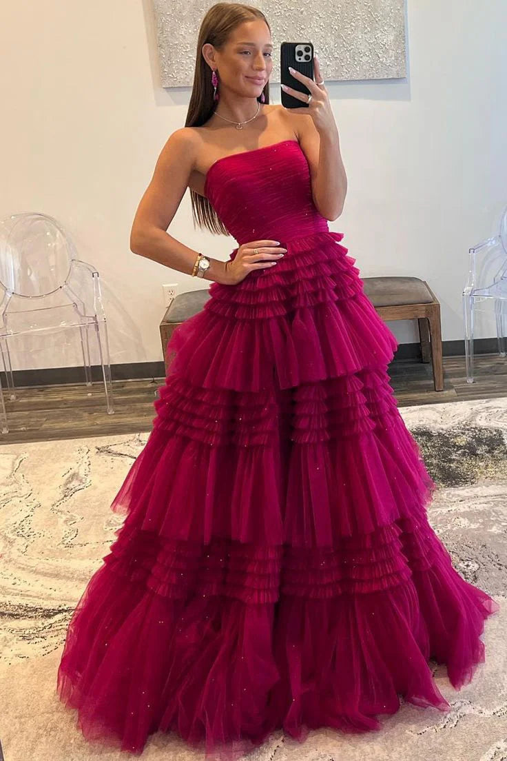 Strapless Periwinkle Tulle Tiered Formal Dress