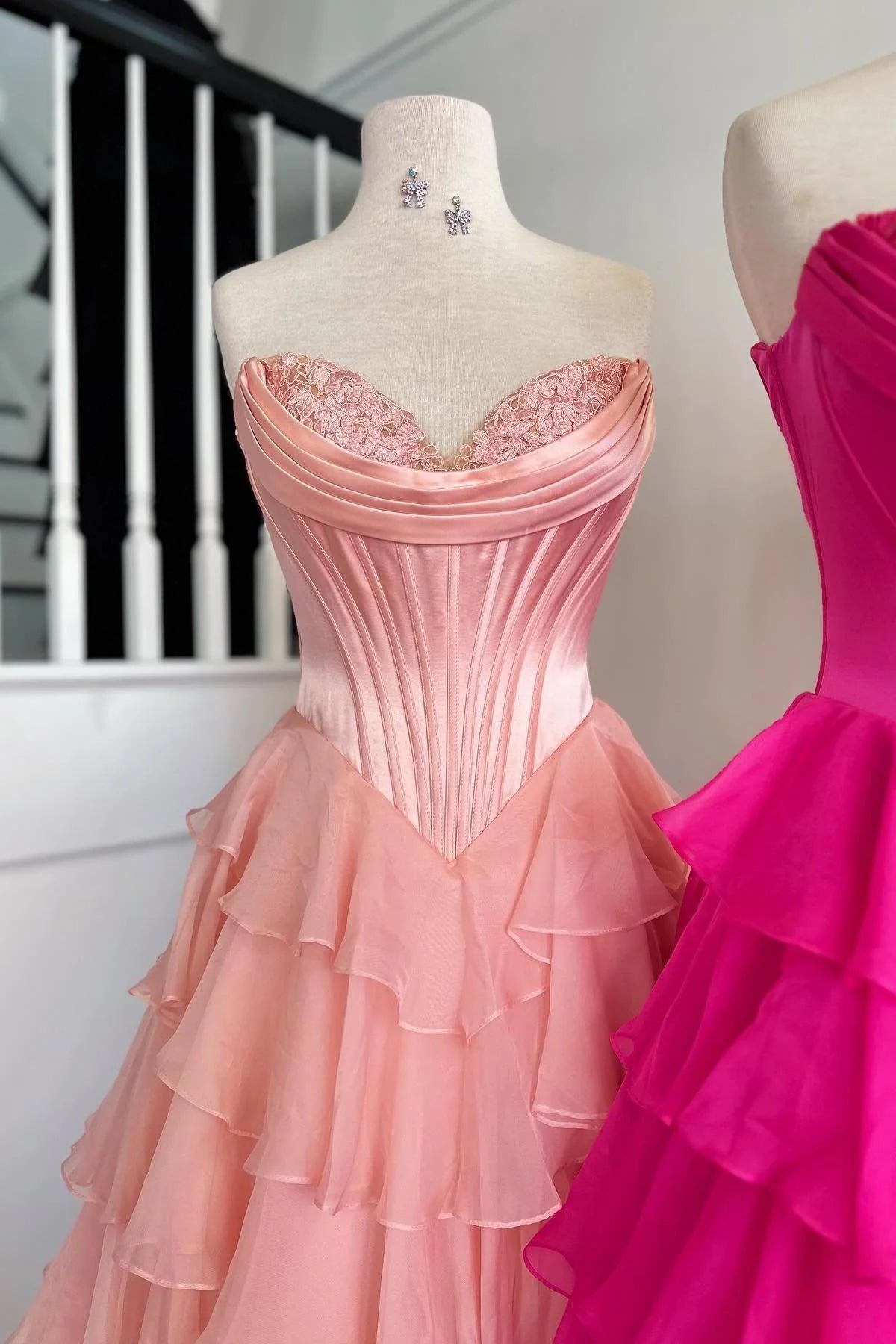 Strapless Orange Tiered Chiffon Long Dress with Slit