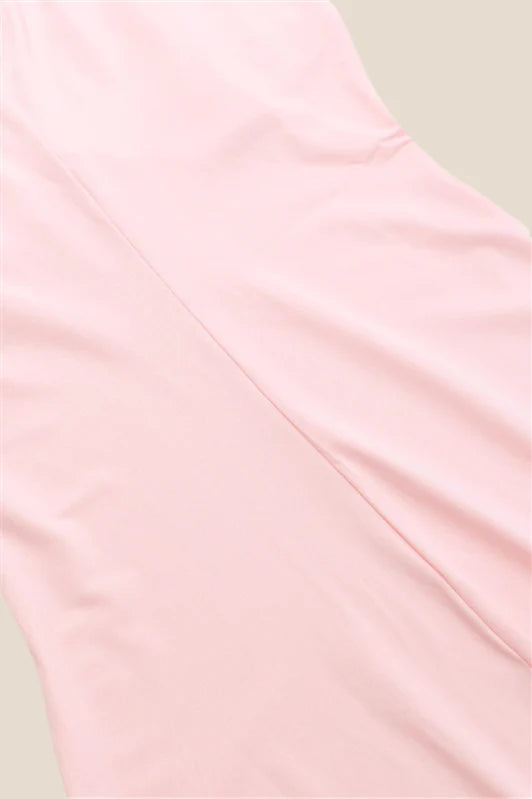 V-neck Pink Ruffle Hem Long Dress with Slit