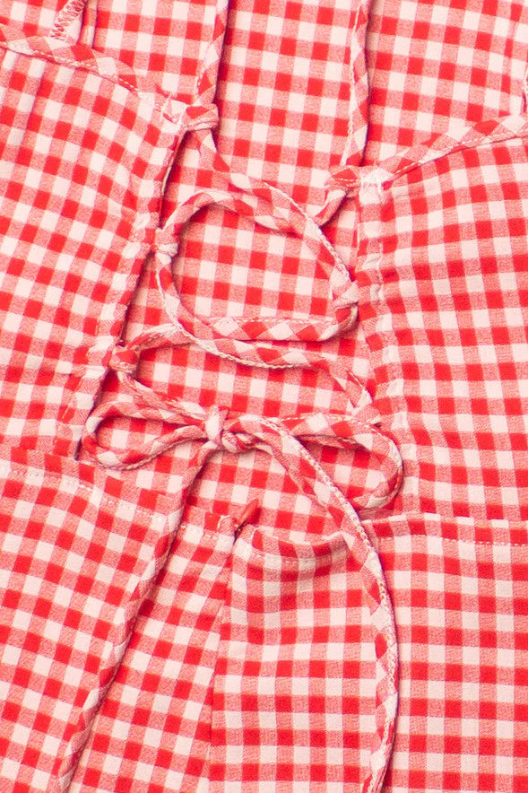Red Gingham Lace Up Back Mini Dress