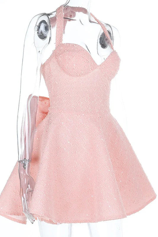 Halter Pink A-line Short Dress with Bow
