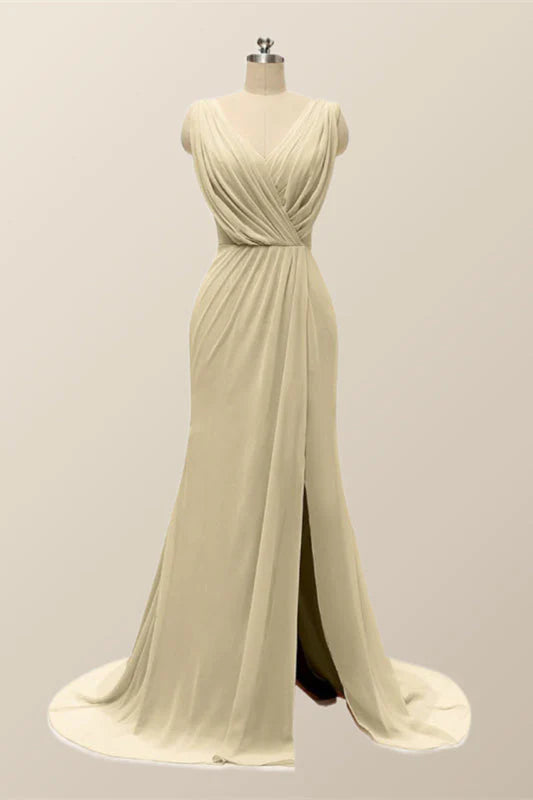 V Neck Blue Pleated Chiffon Long Bridesmaid Dress
