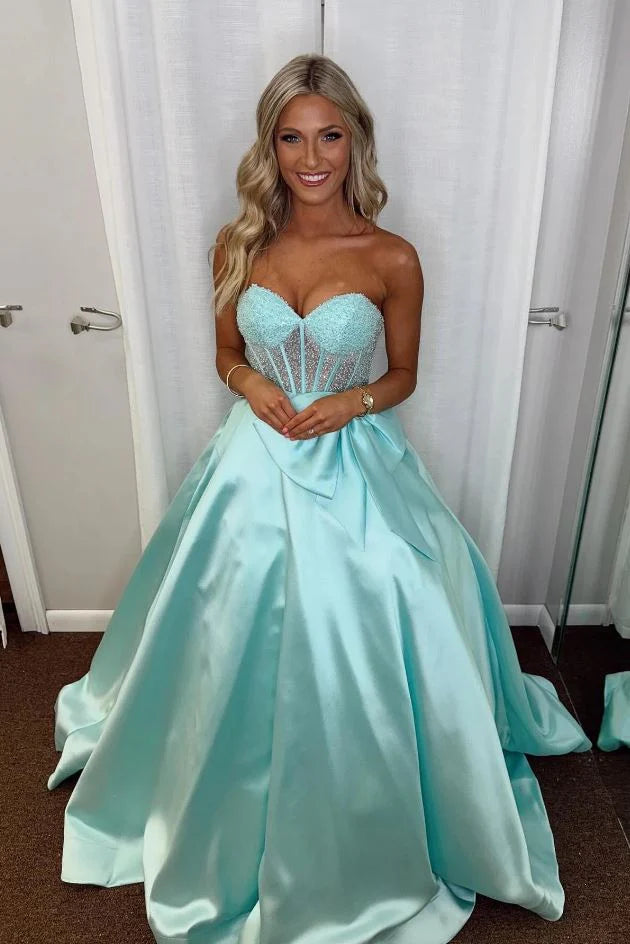 Strapless Purple Beaded Long Dress with Bow