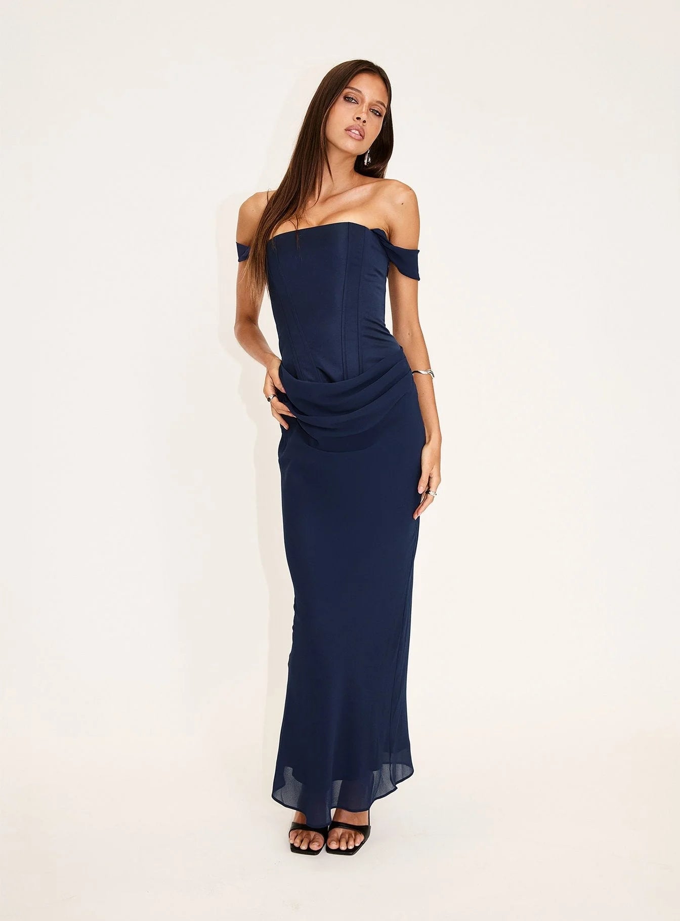 Joslyne Off Shoulder Corset Maxi Dress Navy