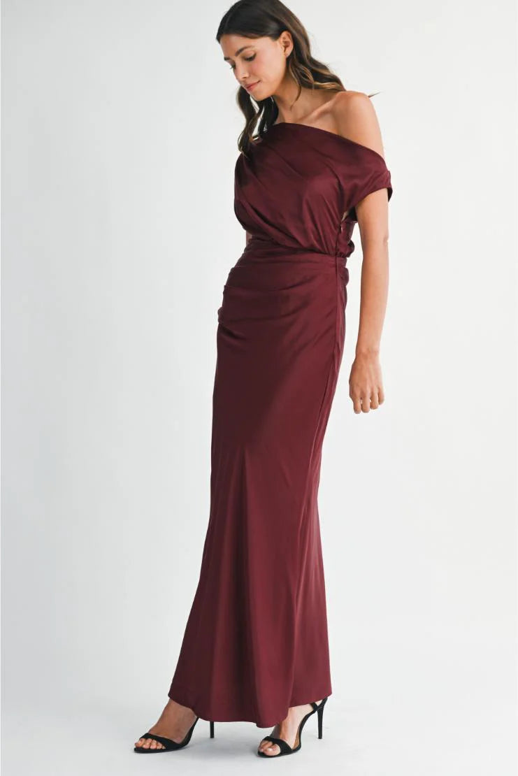 Stella Satin Draped On Shoulder Maxi Dress