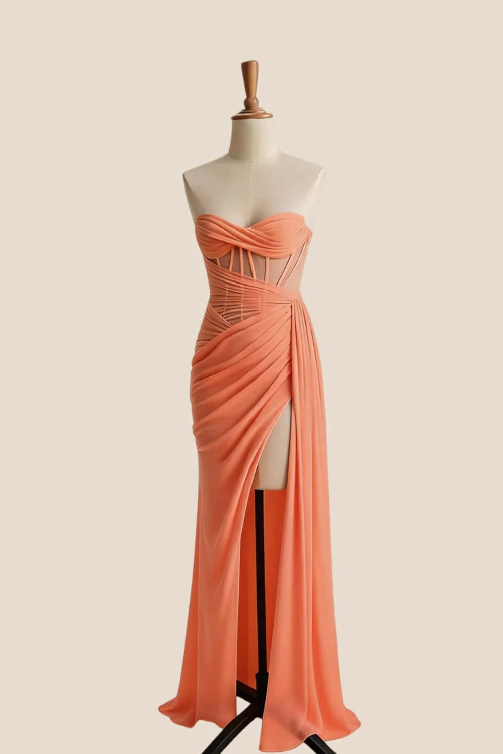 Yellow Corset Ruched Slit Long Prom Dress