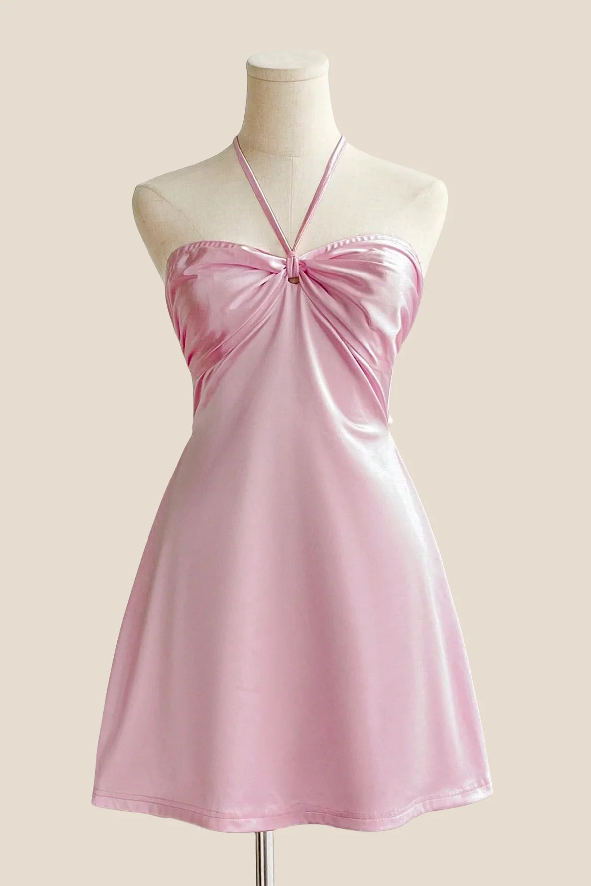 Halter Pink Back Tie A-line Short Dress