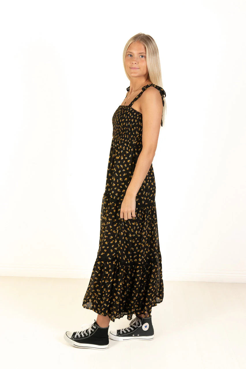 Black & Gold Floral Lace Trim Tiered Maxi Dress
