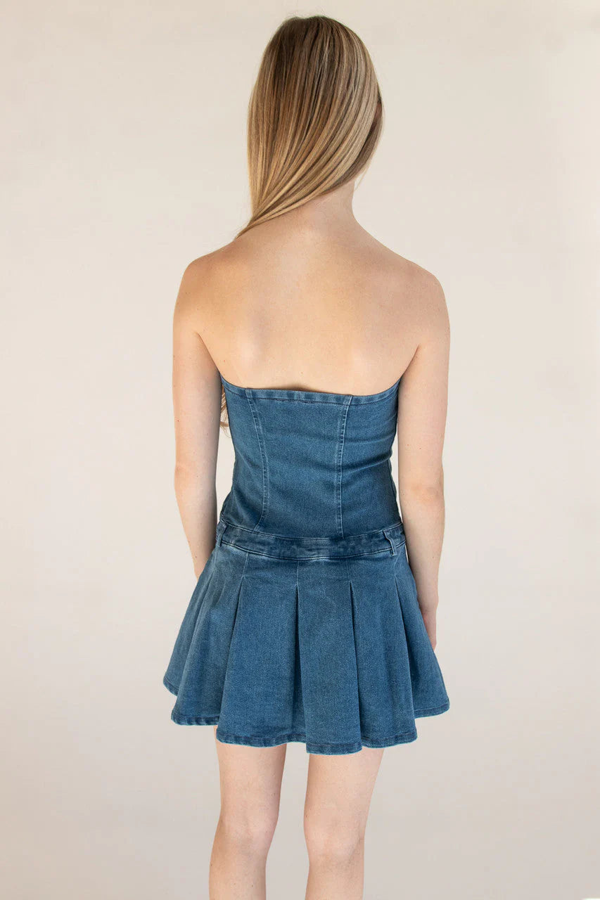 Strapless Denim Pleated Mini Dress