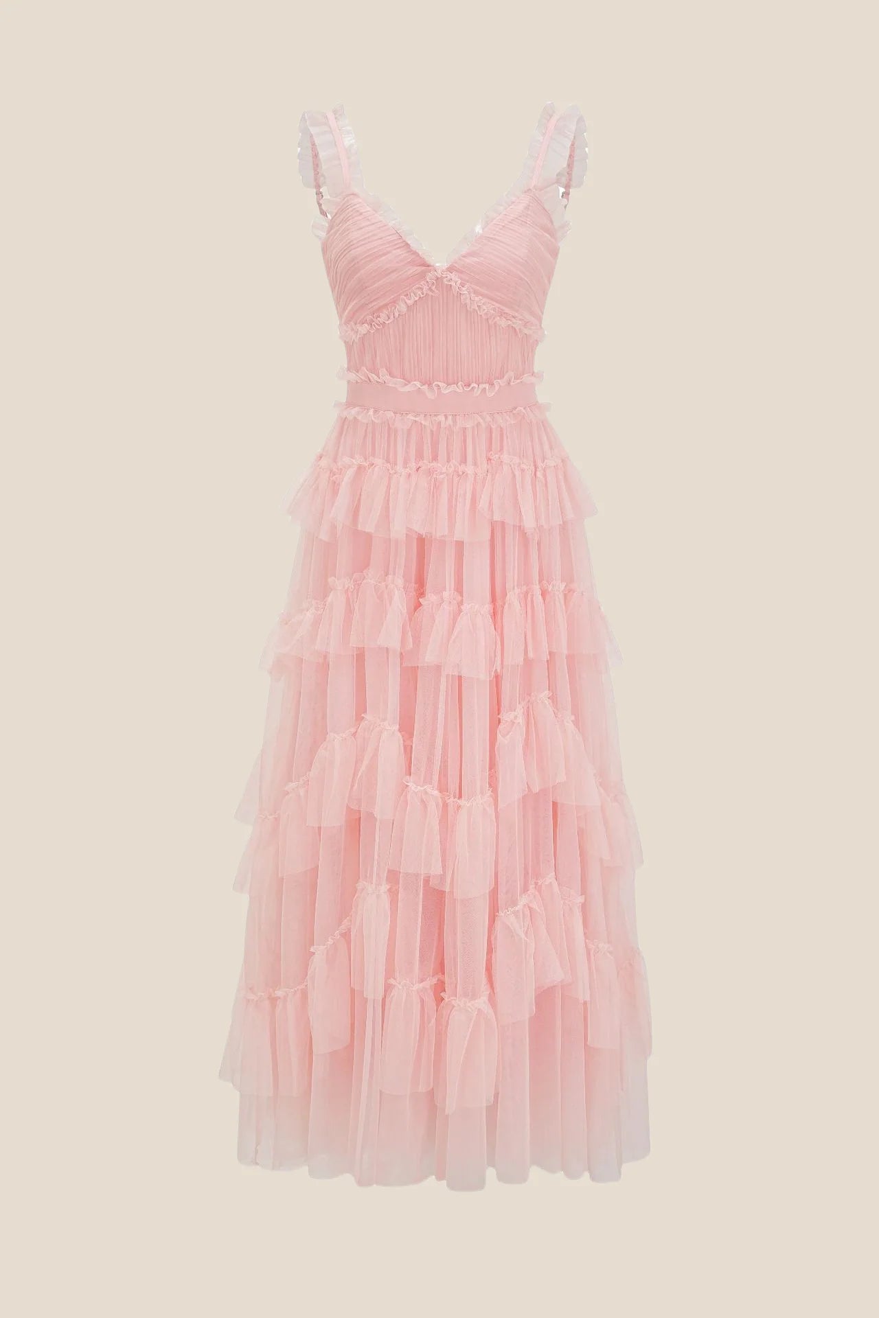 V-neck Blue Ruffle Tiered A-line Long Dress