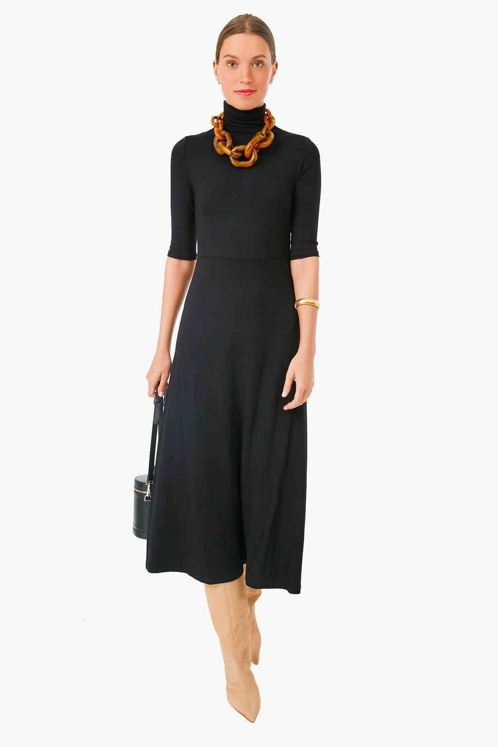 Black Elbow Sleeve Turtleneck Dress