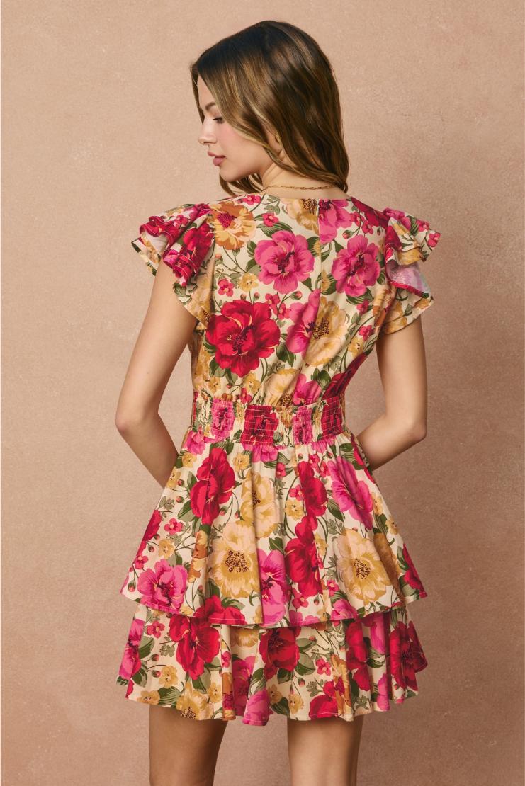 Lolita Ruffled Floral Mini Dress - Fuchsia