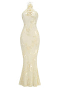 Yellow Halter 3D Flower Mermaid Dresss