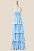 Strapless Light Blue Pleated Tiered Long Party Dress