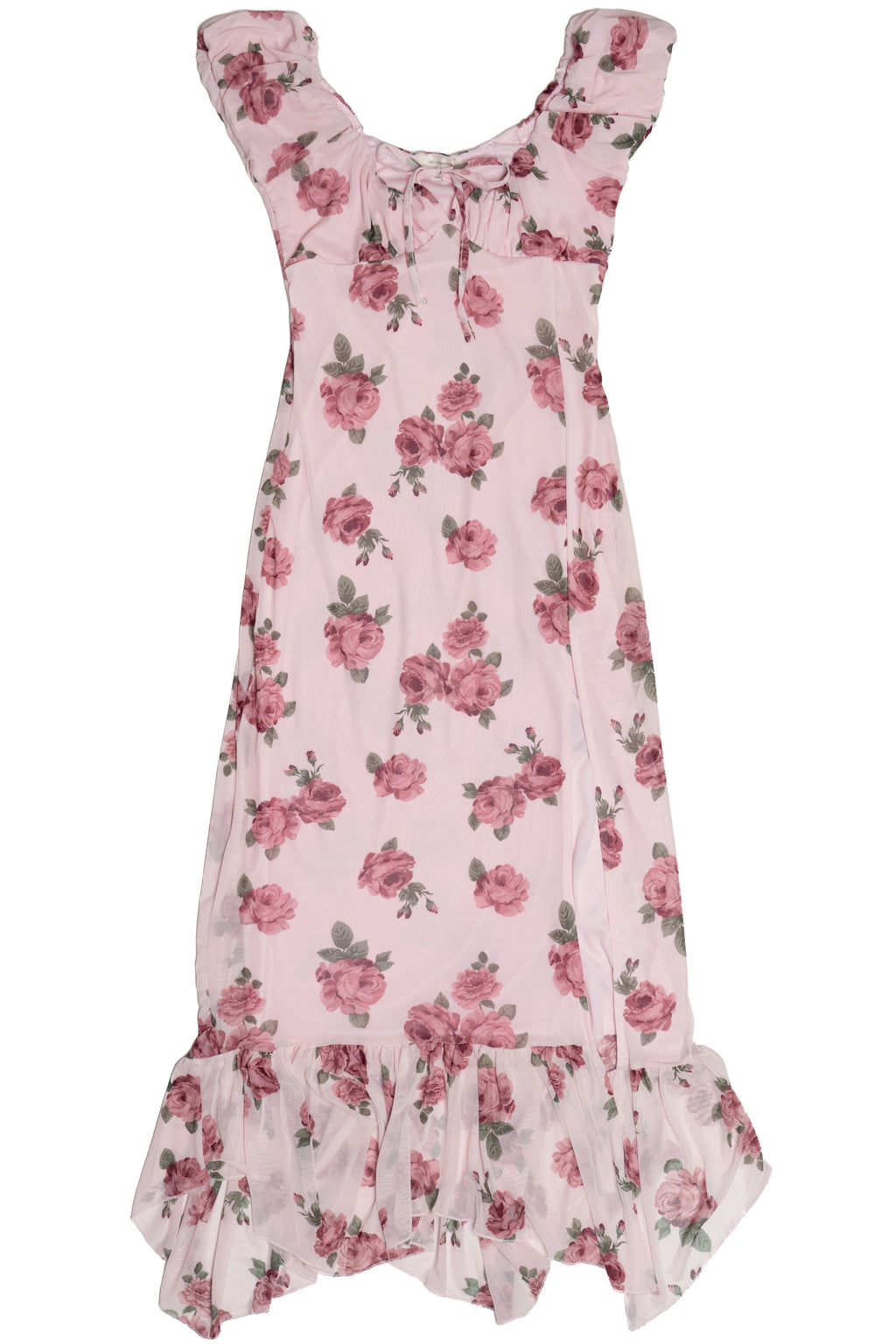 Mesh Puff Sleeve Hanky Hem Maxi Dress