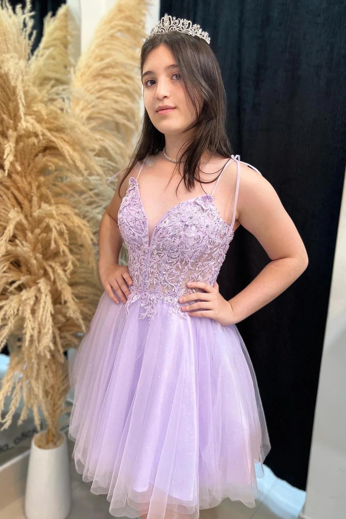 V-neck Lilac Appliques Sparkle Tulle Short Dress