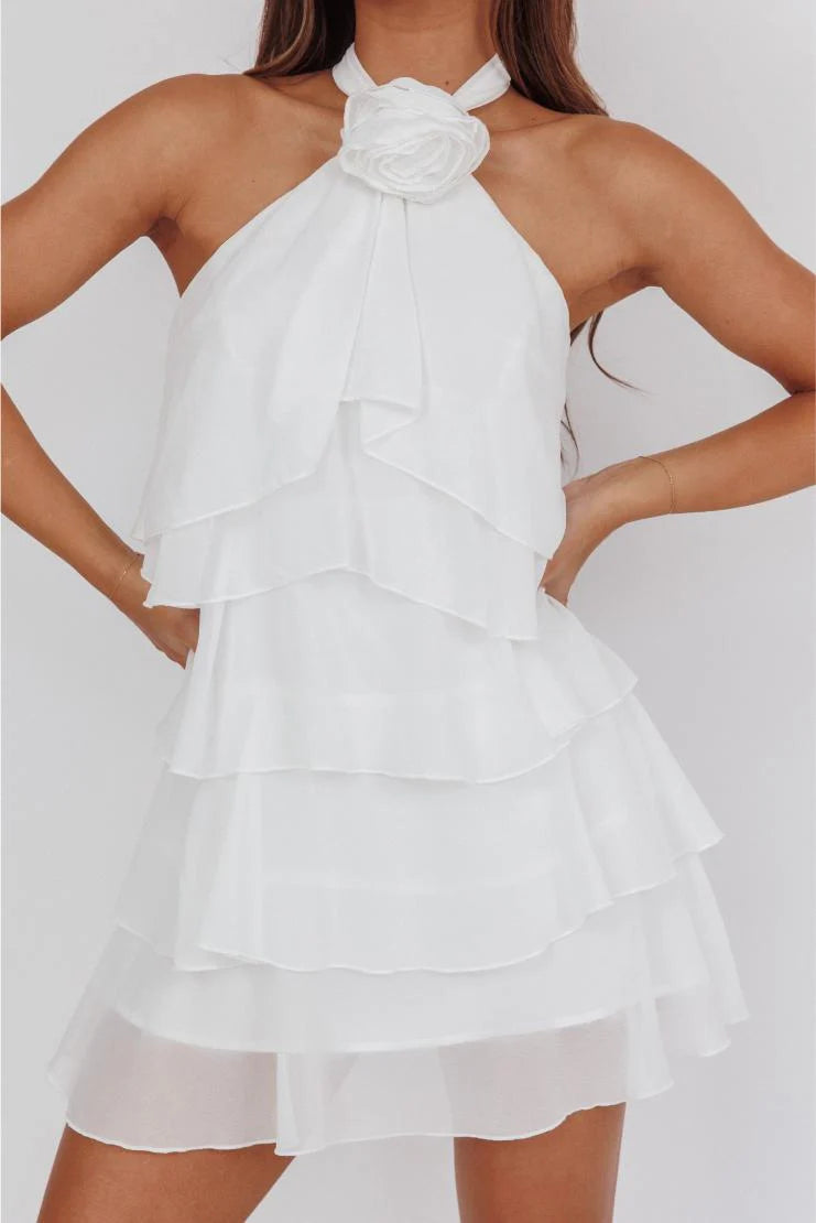 Ava Halter Tiered Chiffon Ruffled Mini Dress - White