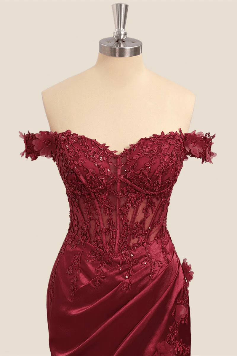 Lace Off the Shoulder Black Satin Mermaid Dress