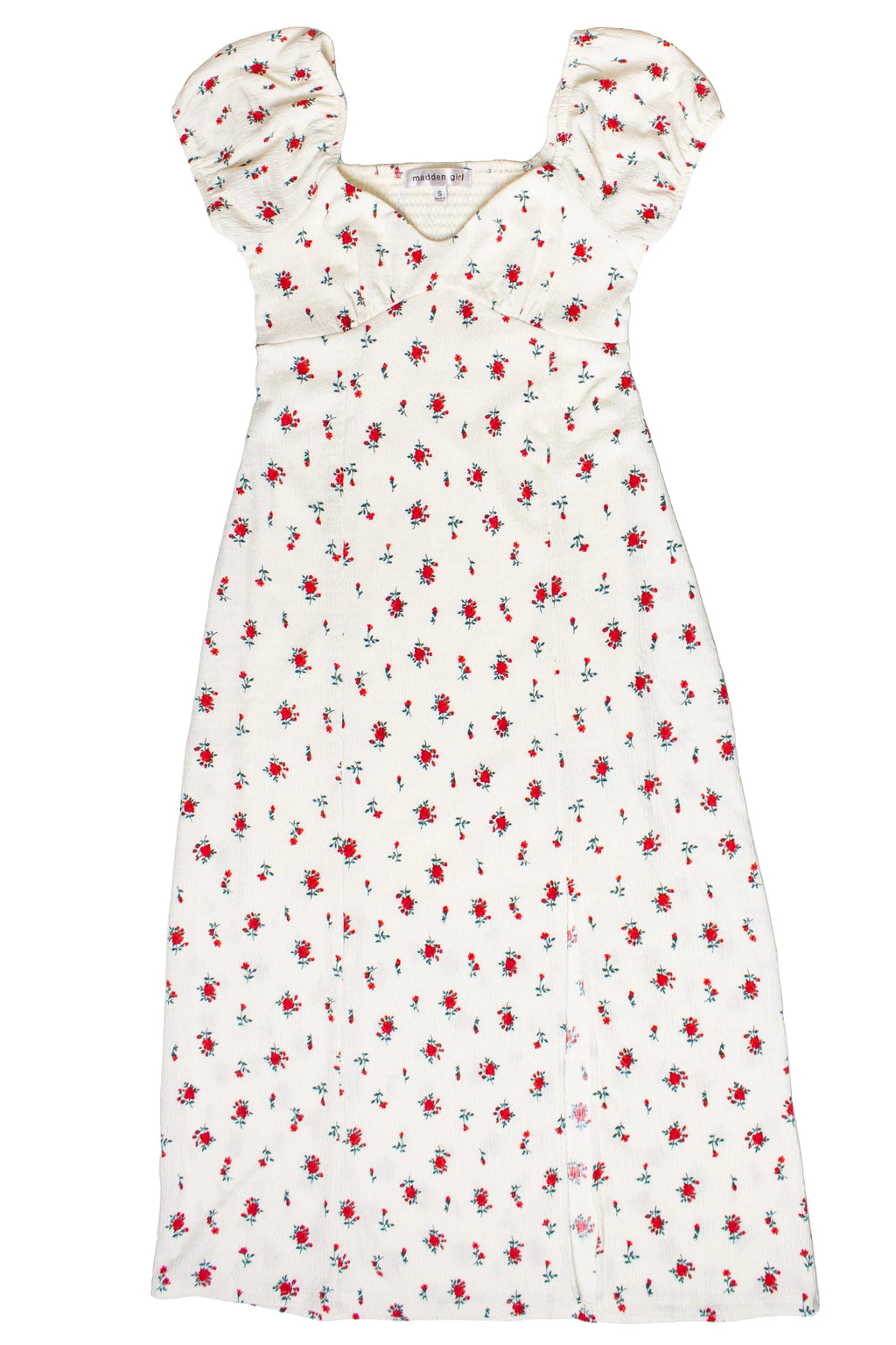 Rose Print Empire Waist Puff Sleeve Dress